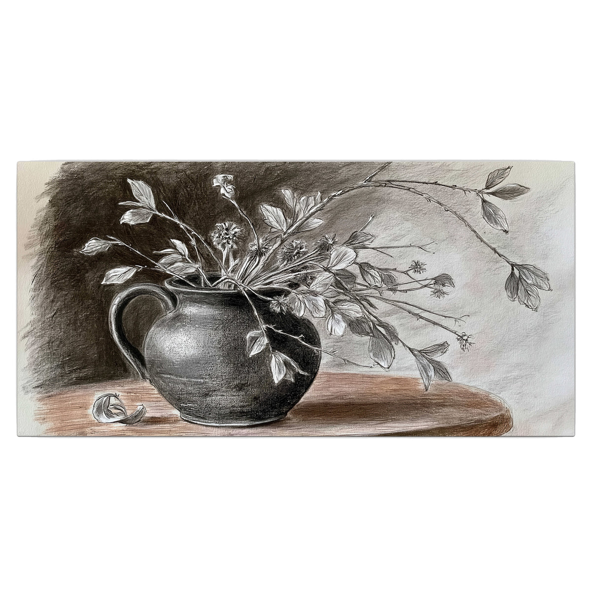 Fine leafy branches spilling from a dark rounded vase in a soft monochrome still life single canvas wall art viewed straight on