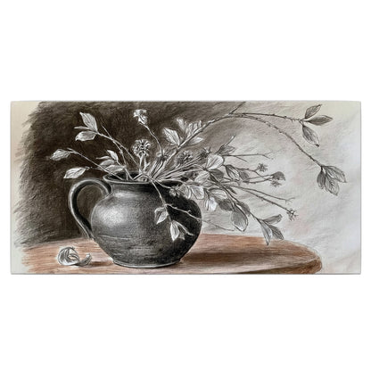 Fine leafy branches spilling from a dark rounded vase in a soft monochrome still life single canvas wall art viewed straight on