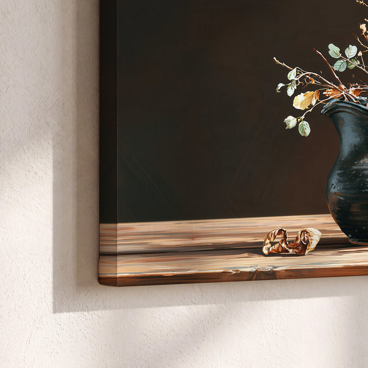 A delicate arrangement of pale blossoms in a blue vase on a sunlit wooden table 3 piece canvas wall art material and edge close up
