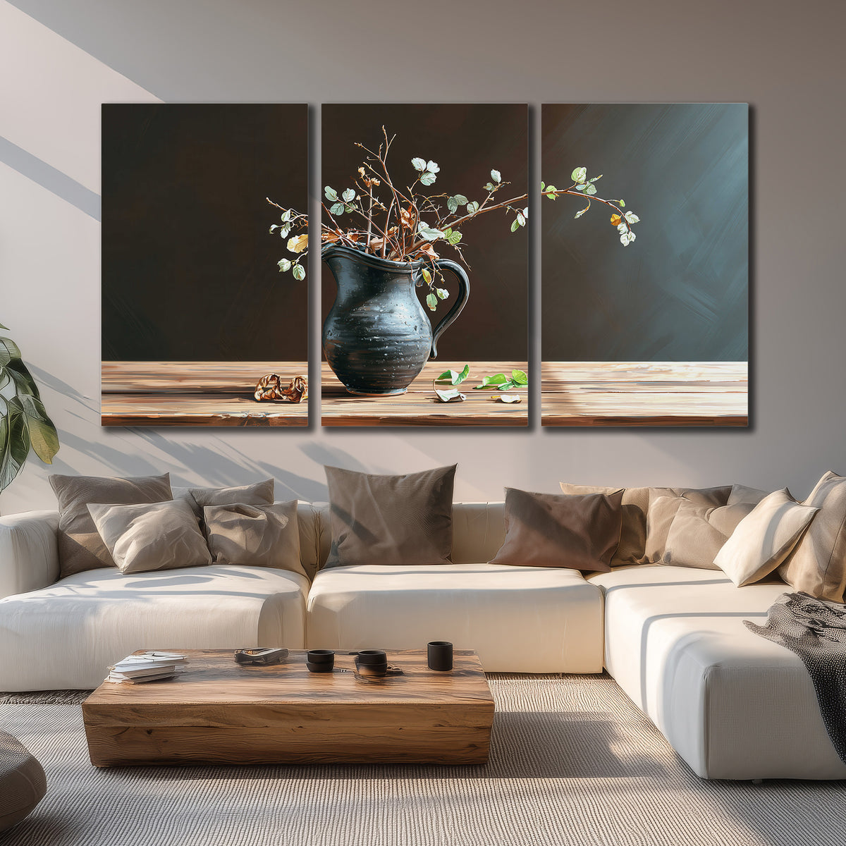 A delicate arrangement of pale blossoms in a blue vase on a sunlit wooden table 3 piece canvas wall art displayed in a living room