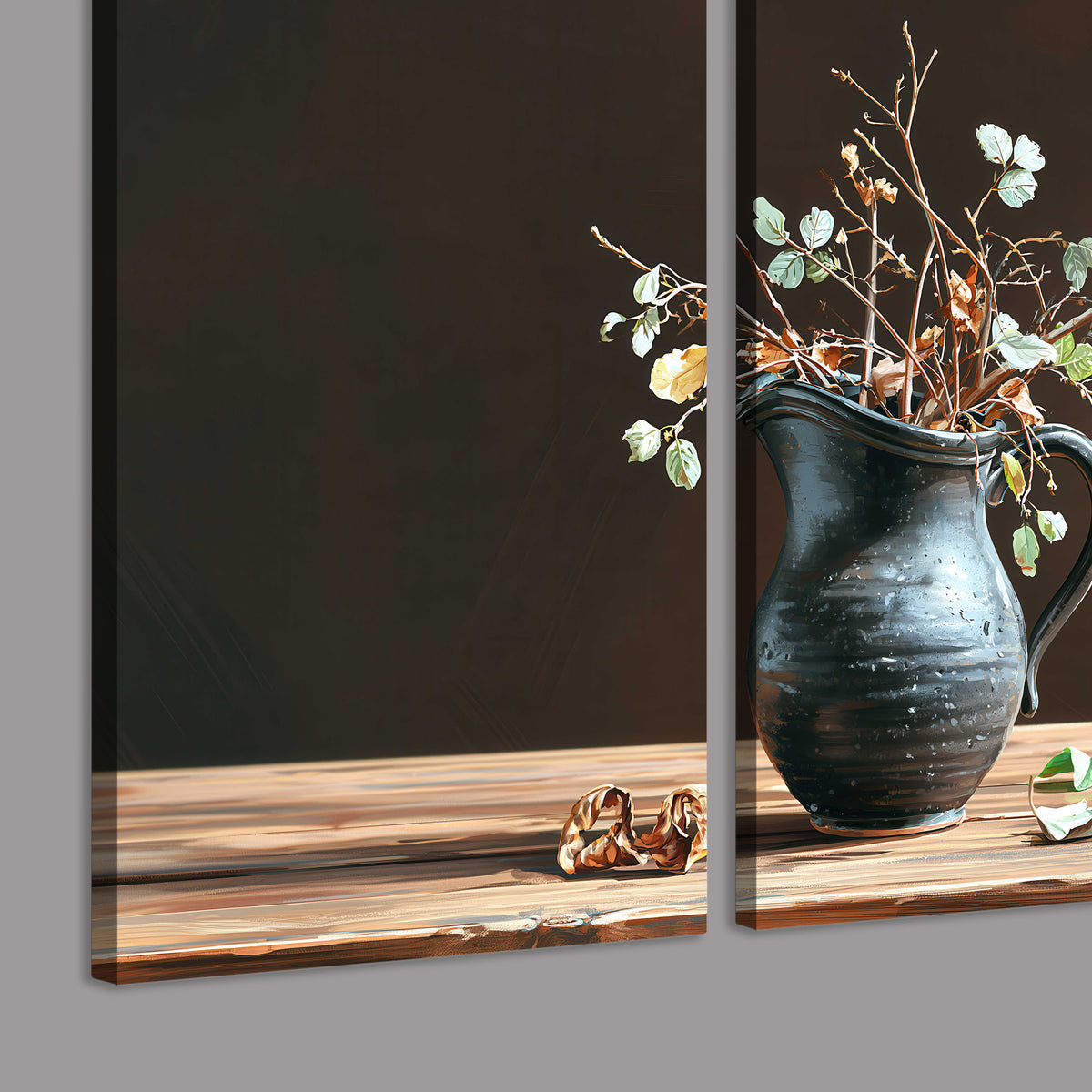 A delicate arrangement of pale blossoms in a blue vase on a sunlit wooden table 3 piece canvas wall art room and product view