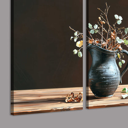 A delicate arrangement of pale blossoms in a blue vase on a sunlit wooden table 3 piece canvas wall art room and product view