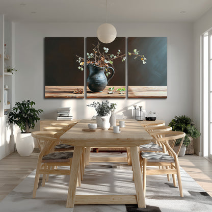 A delicate arrangement of pale blossoms in a blue vase on a sunlit wooden table 3 piece canvas wall art room and product view