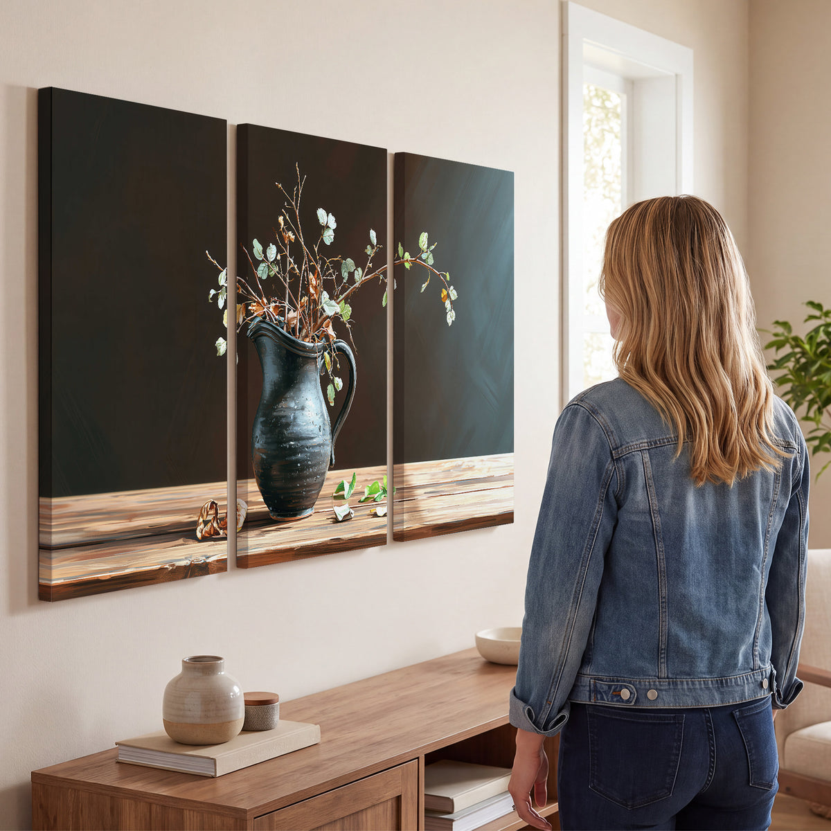A delicate arrangement of pale blossoms in a blue vase on a sunlit wooden table 3 piece canvas wall art three panel arrangement on a wall