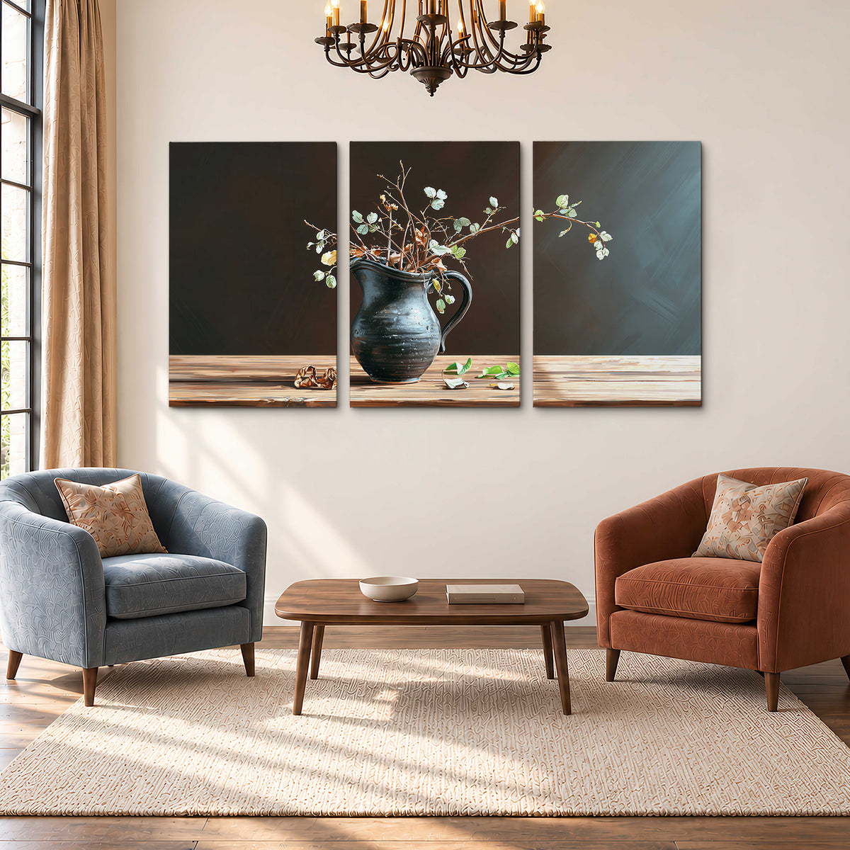 A delicate arrangement of pale blossoms in a blue vase on a sunlit wooden table 3 piece canvas wall art styled in an interior