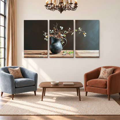 A delicate arrangement of pale blossoms in a blue vase on a sunlit wooden table 3 piece canvas wall art styled in an interior