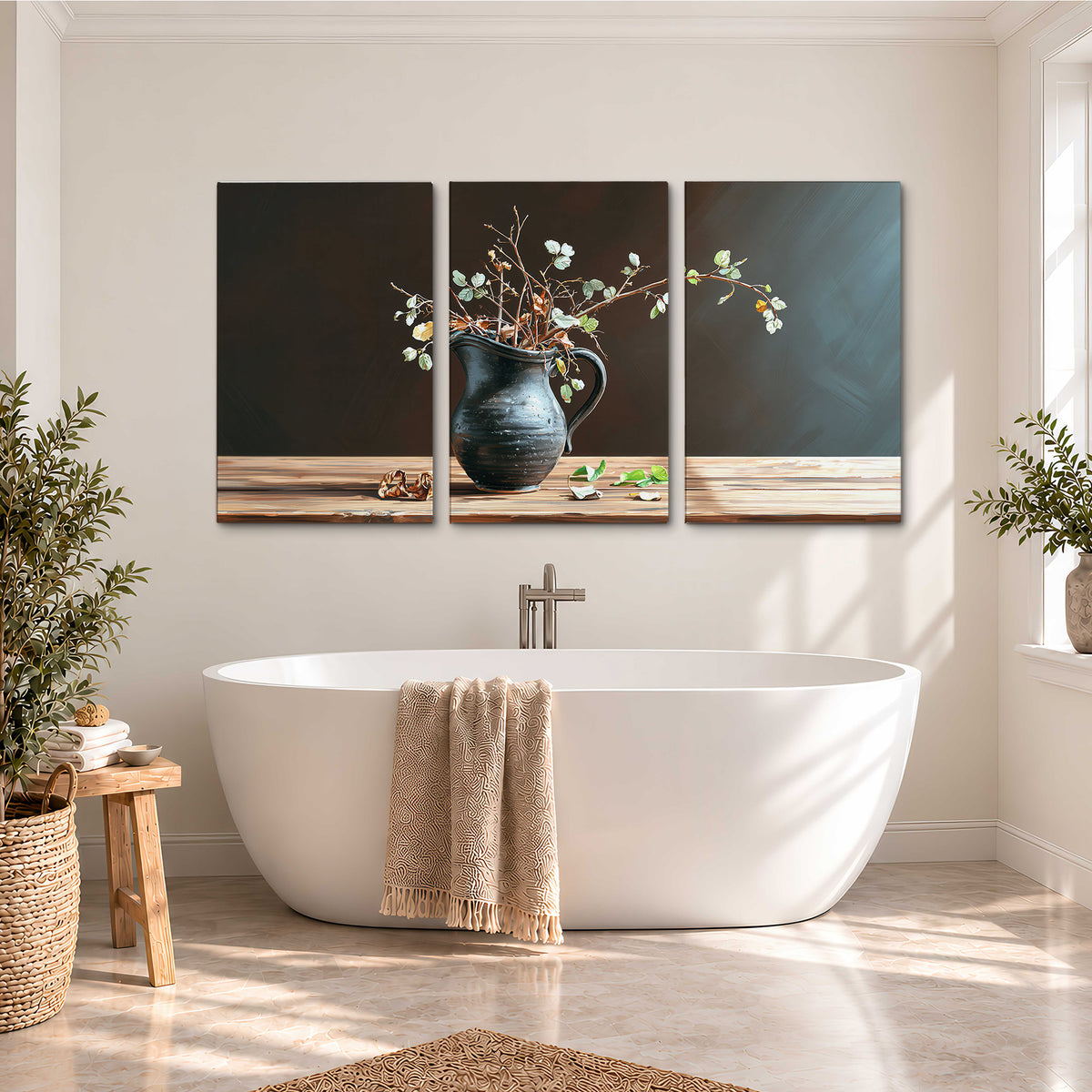 A delicate arrangement of pale blossoms in a blue vase on a sunlit wooden table 3 piece canvas wall art styled in an interior