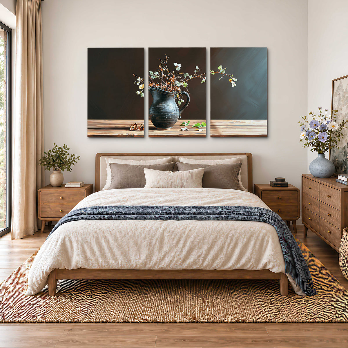 A delicate arrangement of pale blossoms in a blue vase on a sunlit wooden table 3 piece canvas wall art styled in an interior