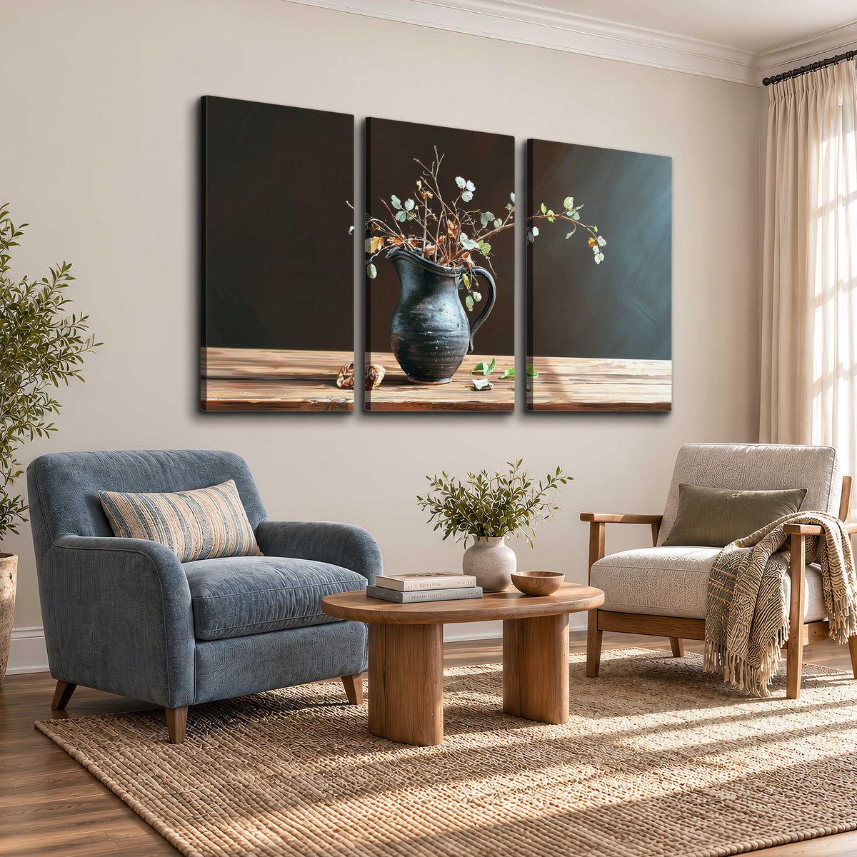A delicate arrangement of pale blossoms in a blue vase on a sunlit wooden table 3 piece canvas wall art styled in an interior