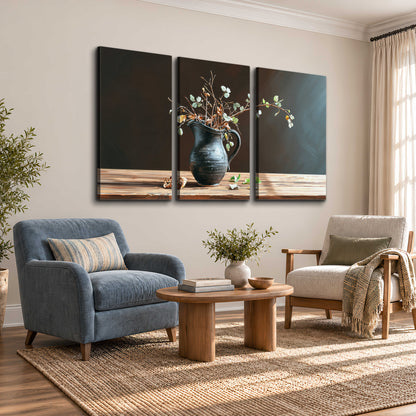 A delicate arrangement of pale blossoms in a blue vase on a sunlit wooden table 3 piece canvas wall art styled in an interior