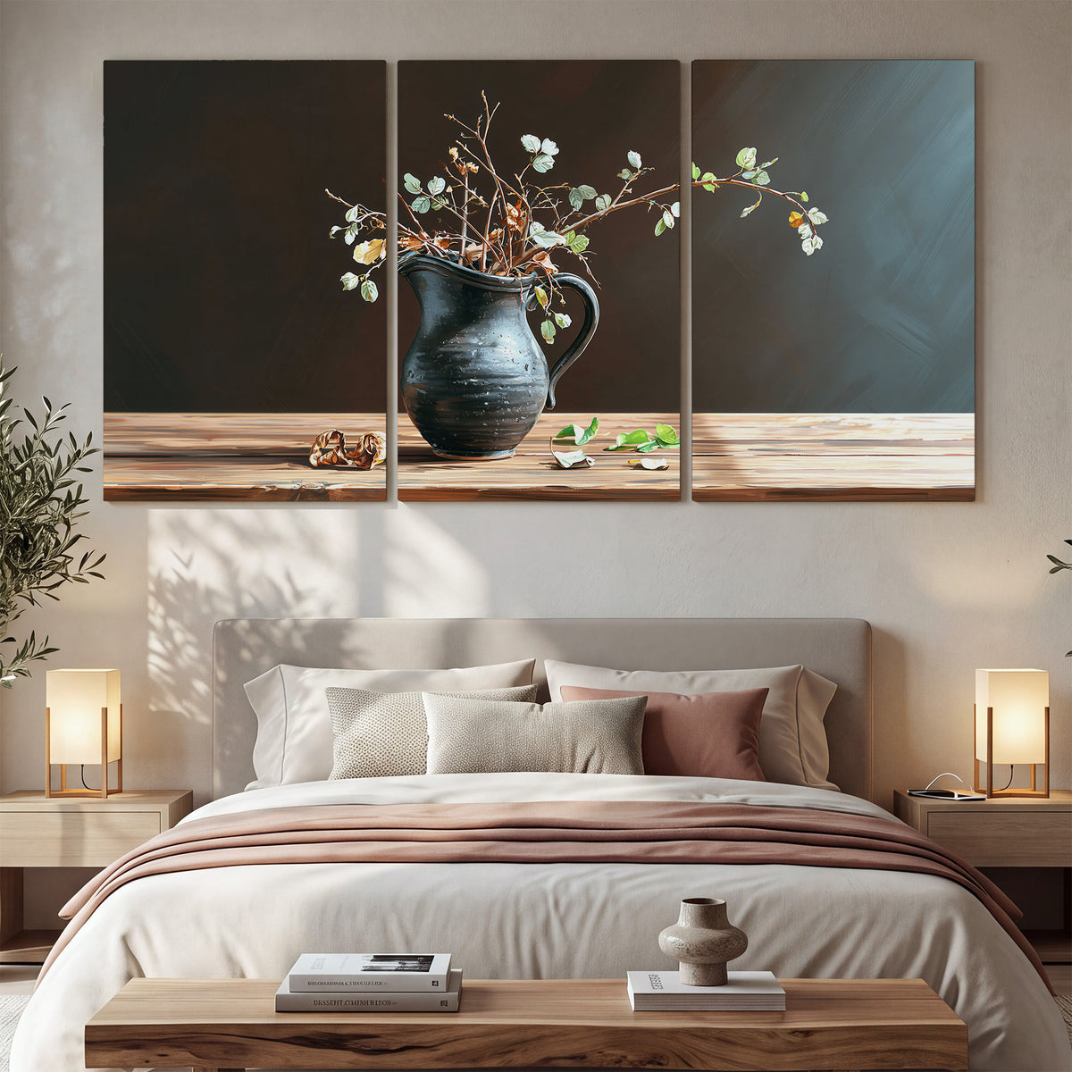 A delicate arrangement of pale blossoms in a blue vase on a sunlit wooden table 3 piece canvas wall art displayed in a bedroom