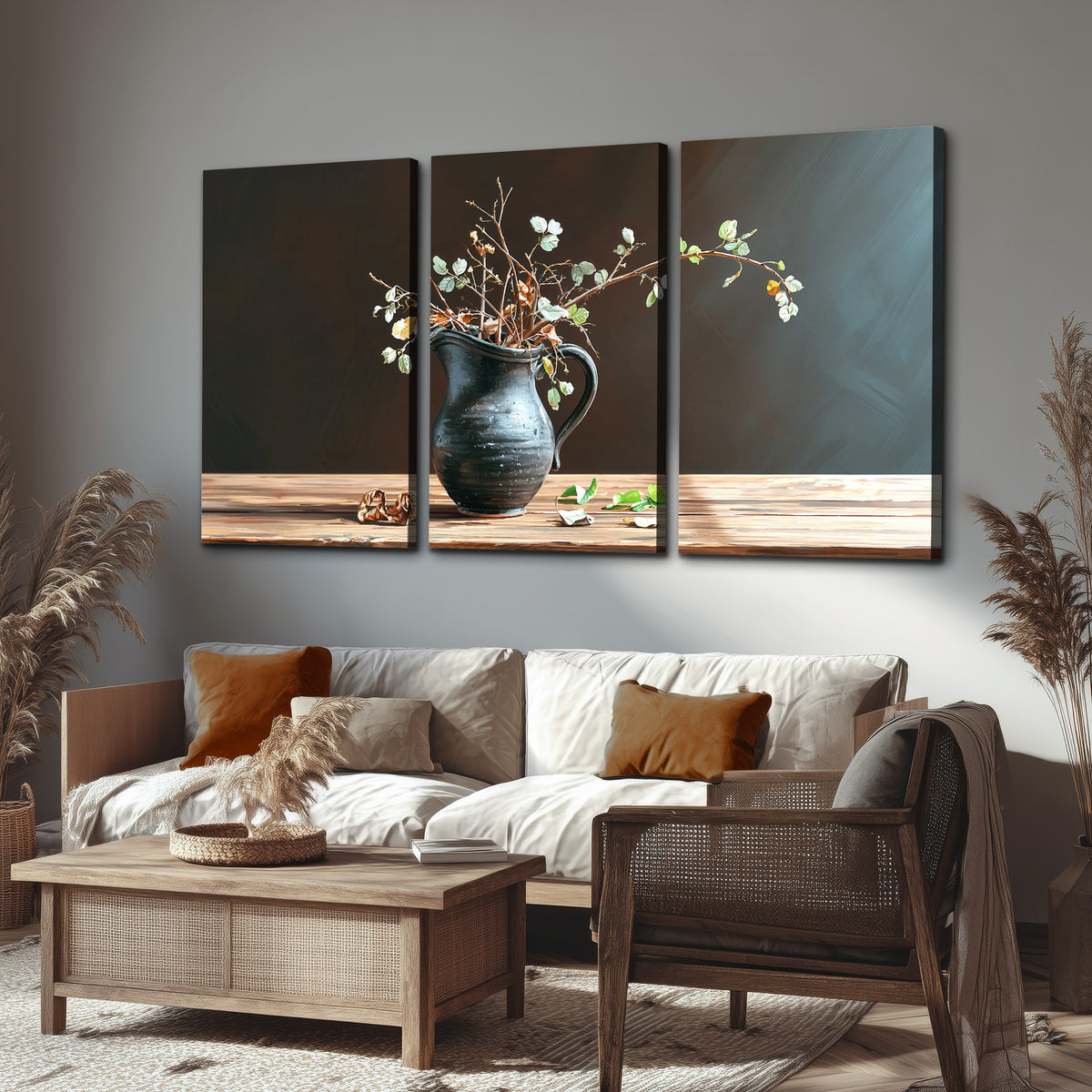 A delicate arrangement of pale blossoms in a blue vase on a sunlit wooden table 3 piece canvas wall art displayed in a rustic living room