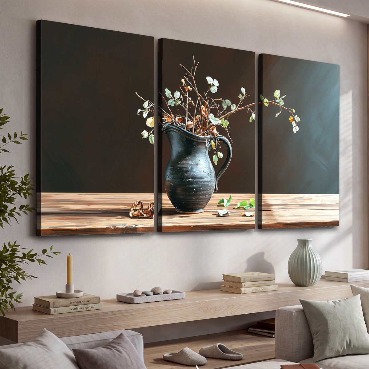 A delicate arrangement of pale blossoms in a blue vase on a sunlit wooden table 3 piece canvas wall art displayed in a console