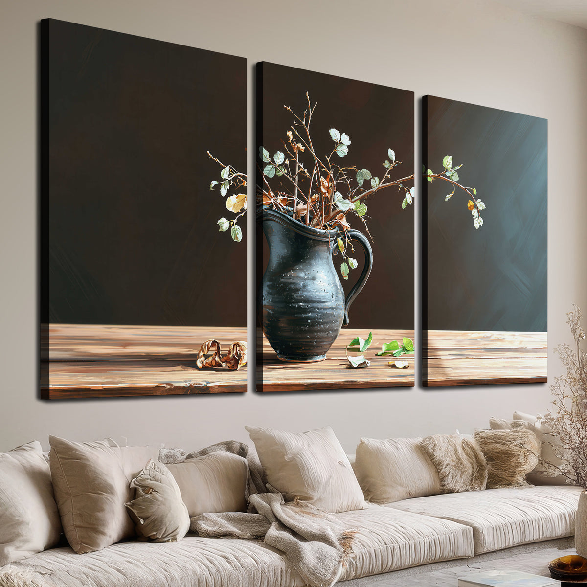 A delicate arrangement of pale blossoms in a blue vase on a sunlit wooden table 3 piece canvas wall art room and product view