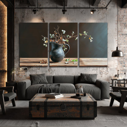 A delicate arrangement of pale blossoms in a blue vase on a sunlit wooden table 3 piece canvas wall art displayed in a industrial room
