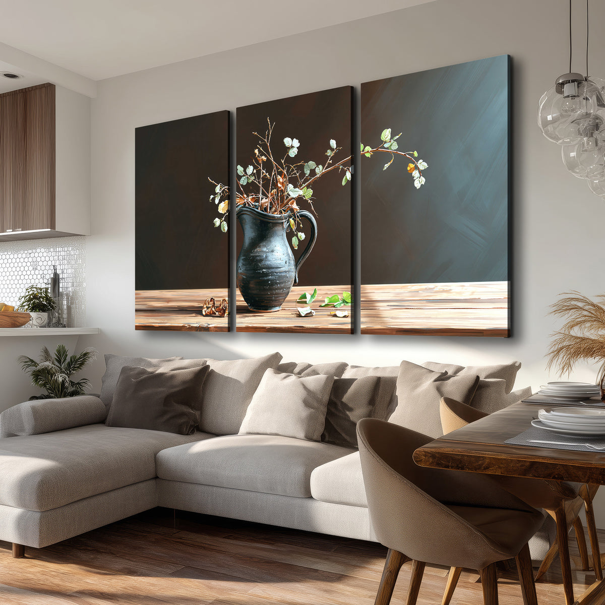 A delicate arrangement of pale blossoms in a blue vase on a sunlit wooden table 3 piece canvas wall art room and product view