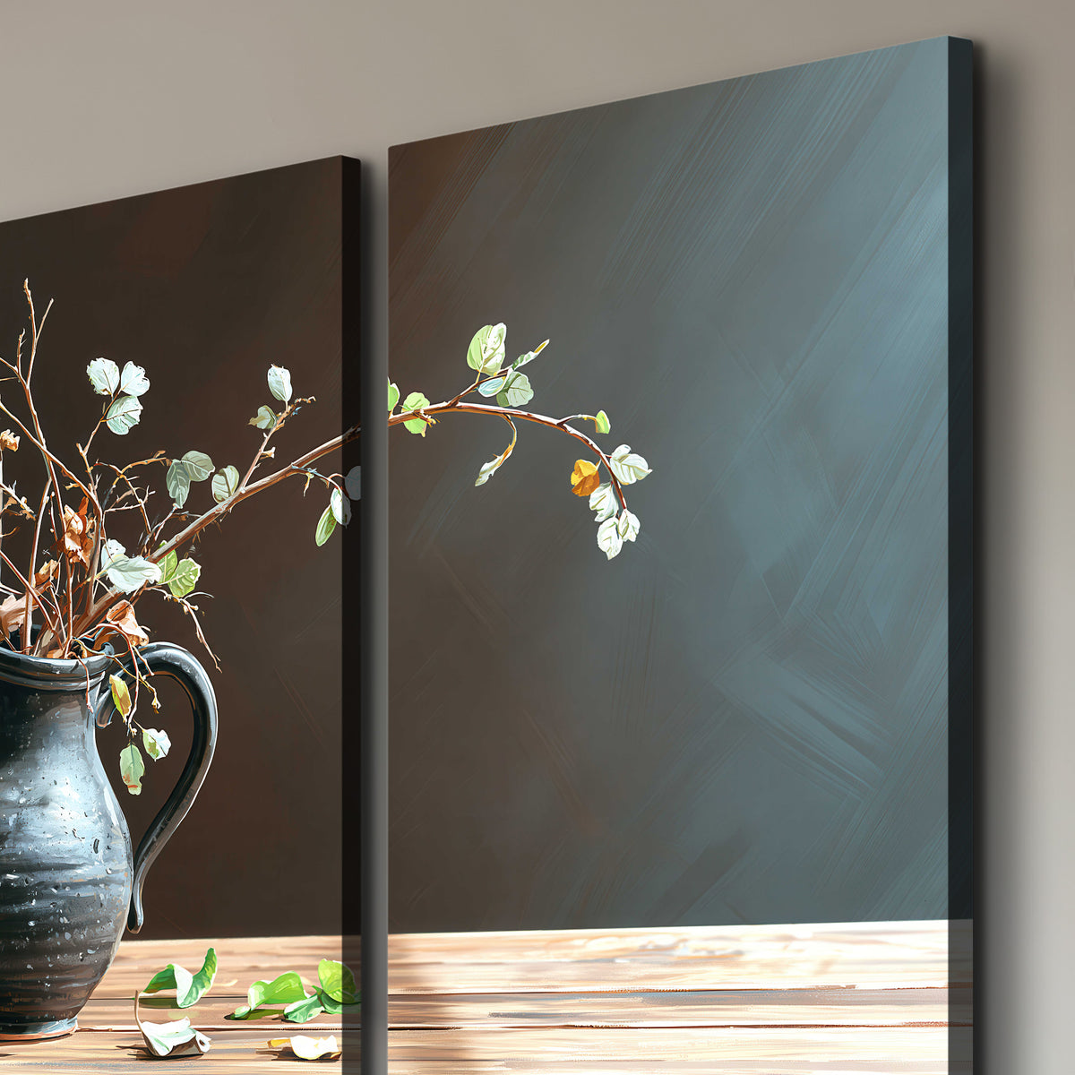A delicate arrangement of pale blossoms in a blue vase on a sunlit wooden table 3 piece canvas wall art room and product view