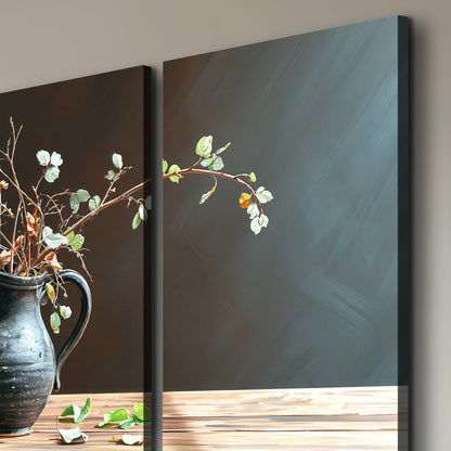 A delicate arrangement of pale blossoms in a blue vase on a sunlit wooden table 3 piece canvas wall art room and product view