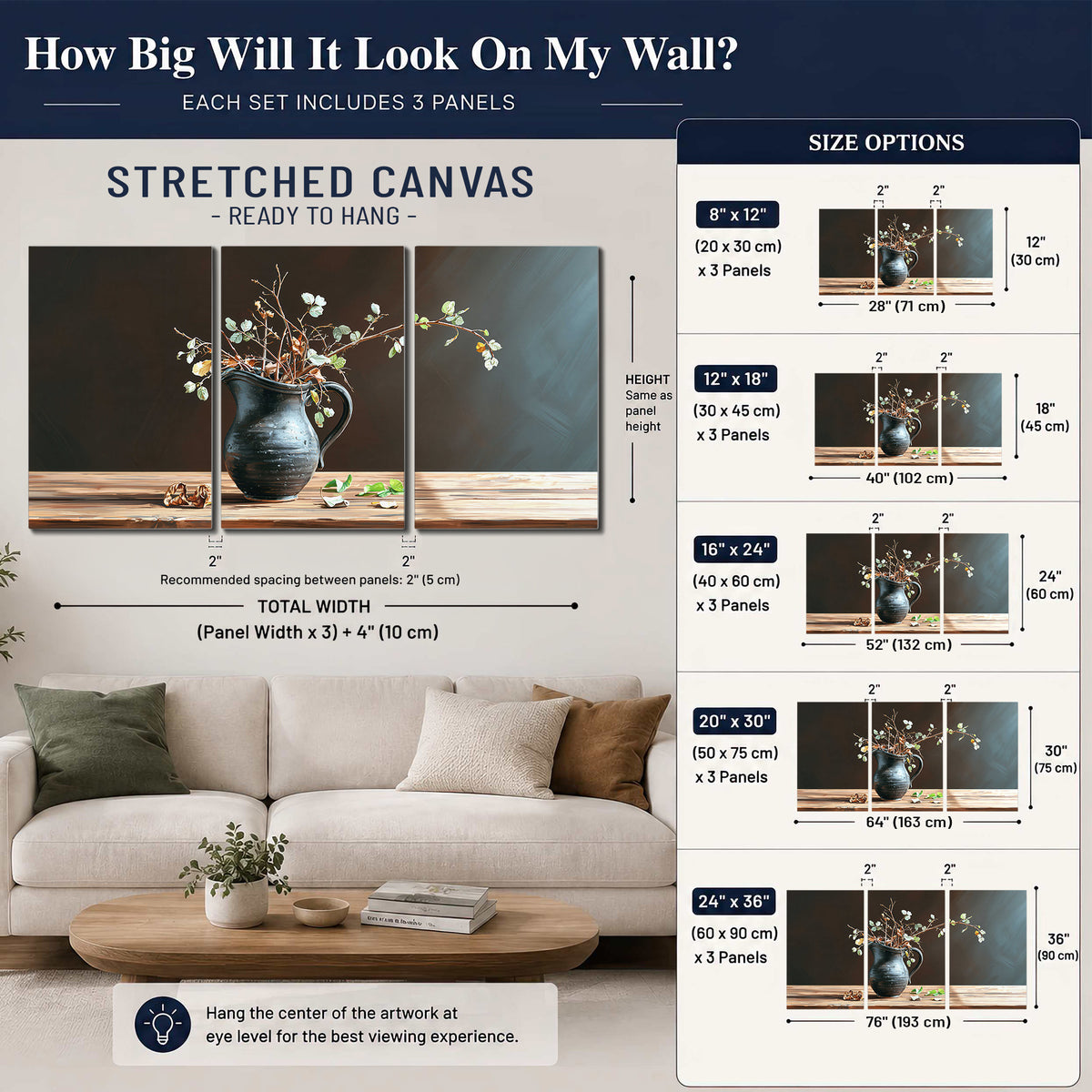 A delicate arrangement of pale blossoms in a blue vase on a sunlit wooden table 3 piece canvas wall art size guide above a sofa; room view is illustrative