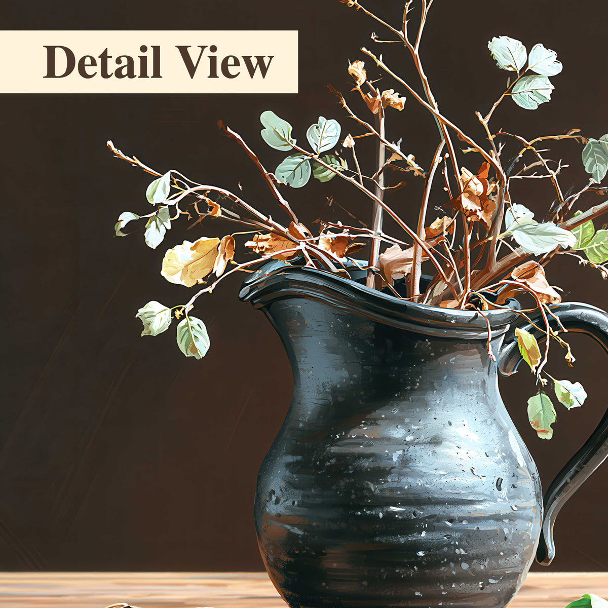 A delicate arrangement of pale blossoms in a blue vase on a sunlit wooden table 3 piece canvas wall art artwork detail close up