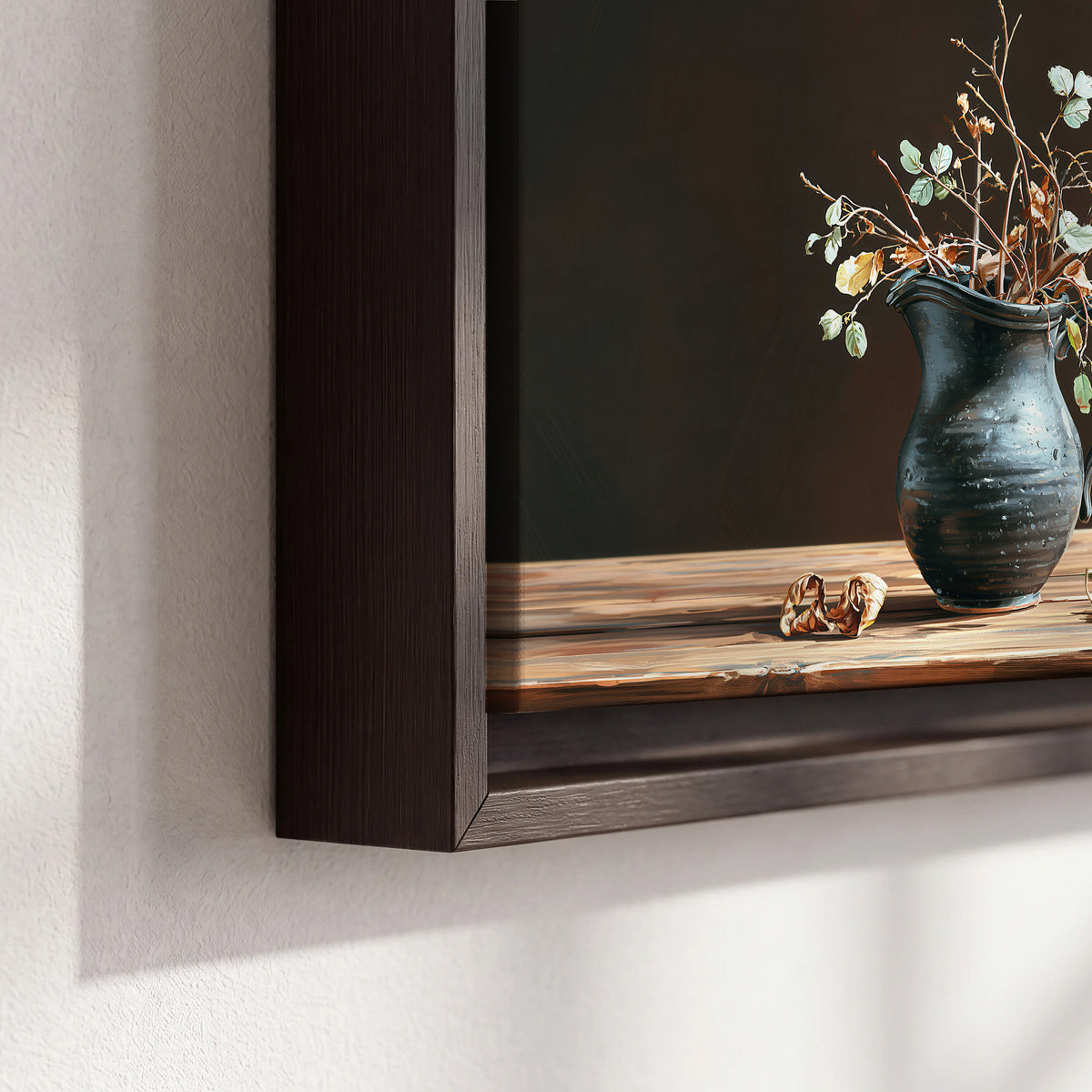 A delicate arrangement of pale blossoms in a blue vase on a sunlit wooden table 3 piece framed canvas wall art material and edge close up