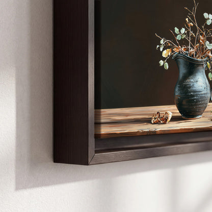 A delicate arrangement of pale blossoms in a blue vase on a sunlit wooden table 3 piece framed canvas wall art material and edge close up