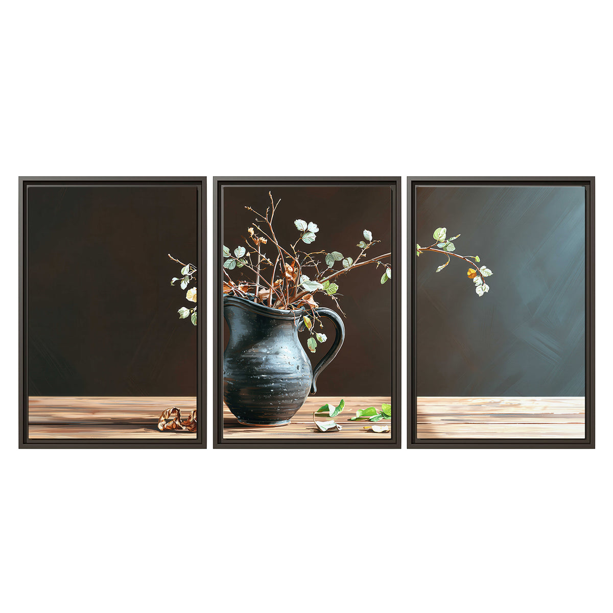 A delicate arrangement of pale blossoms in a blue vase on a sunlit wooden table 3 piece framed canvas wall art viewed straight on