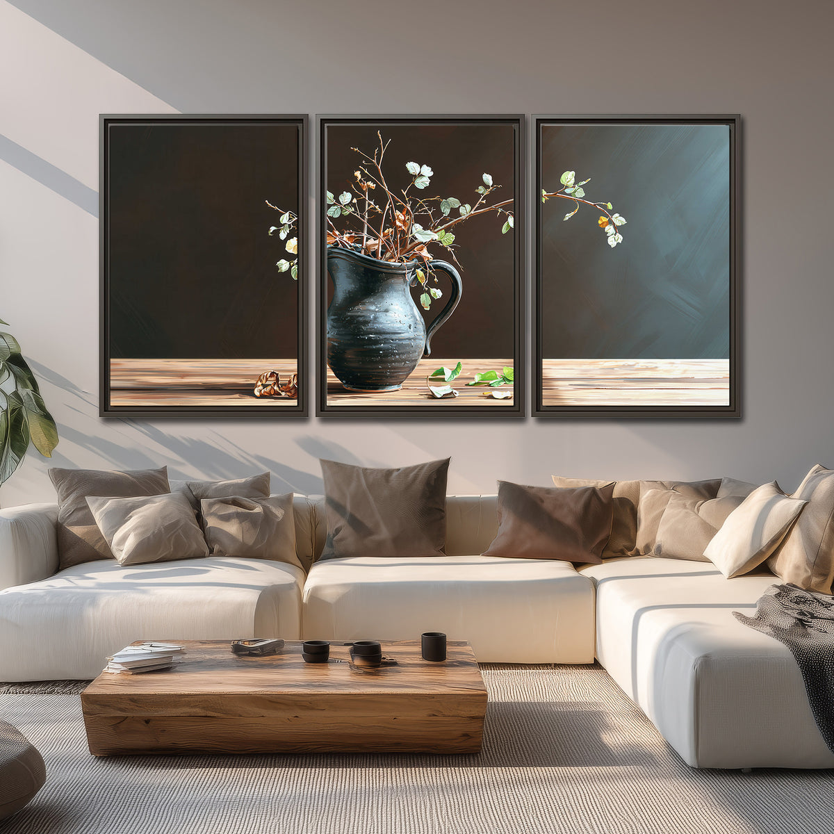 A delicate arrangement of pale blossoms in a blue vase on a sunlit wooden table 3 piece framed canvas wall art displayed in a living room