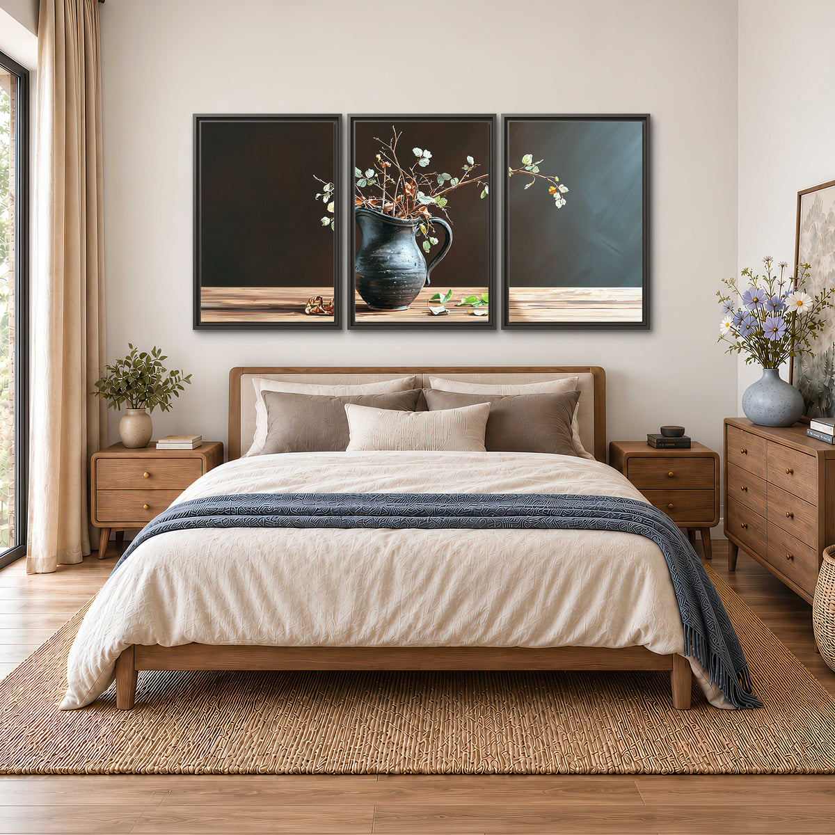 A delicate arrangement of pale blossoms in a blue vase on a sunlit wooden table 3 piece framed canvas wall art styled in an interior