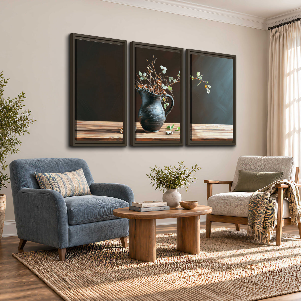 A delicate arrangement of pale blossoms in a blue vase on a sunlit wooden table 3 piece framed canvas wall art styled in an interior