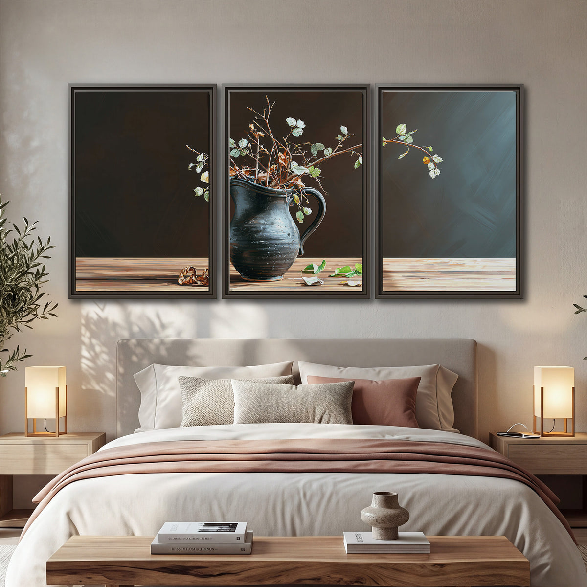 A delicate arrangement of pale blossoms in a blue vase on a sunlit wooden table 3 piece framed canvas wall art displayed in a bedroom