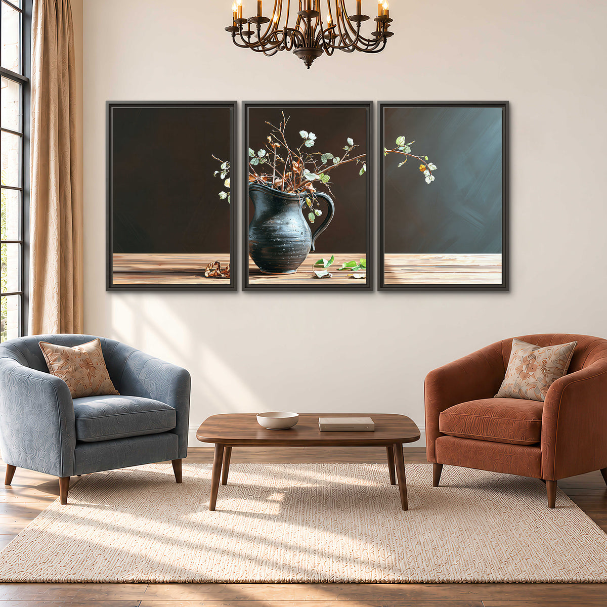 A delicate arrangement of pale blossoms in a blue vase on a sunlit wooden table 3 piece framed canvas wall art styled in an interior