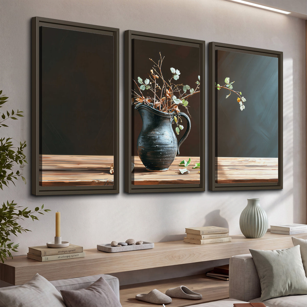 A delicate arrangement of pale blossoms in a blue vase on a sunlit wooden table 3 piece framed canvas wall art displayed in a console