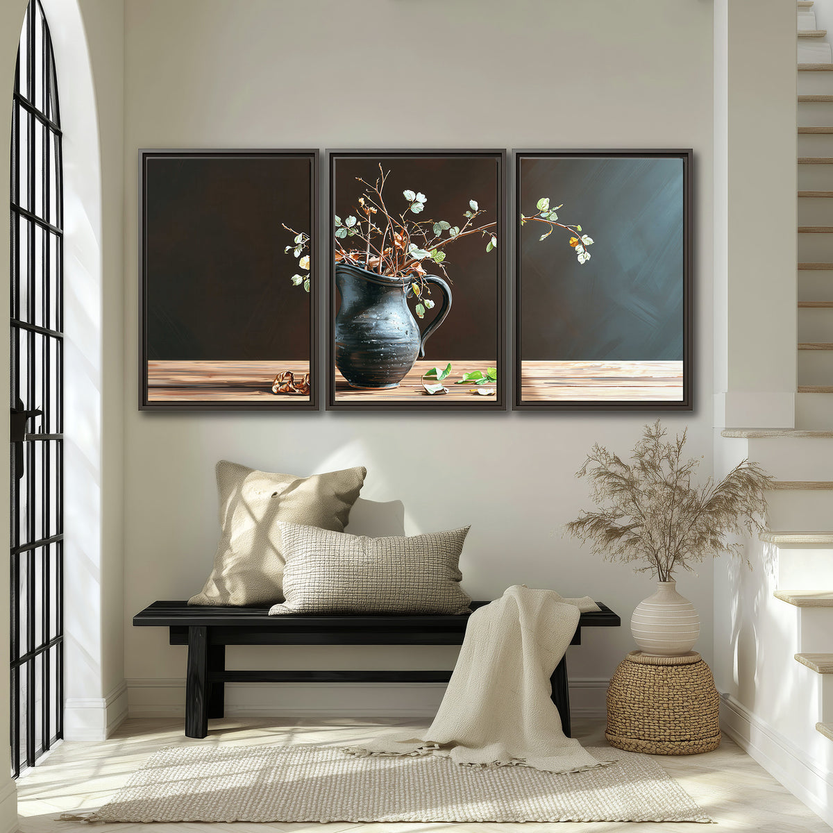 A delicate arrangement of pale blossoms in a blue vase on a sunlit wooden table 3 piece framed canvas wall art displayed in a entryway
