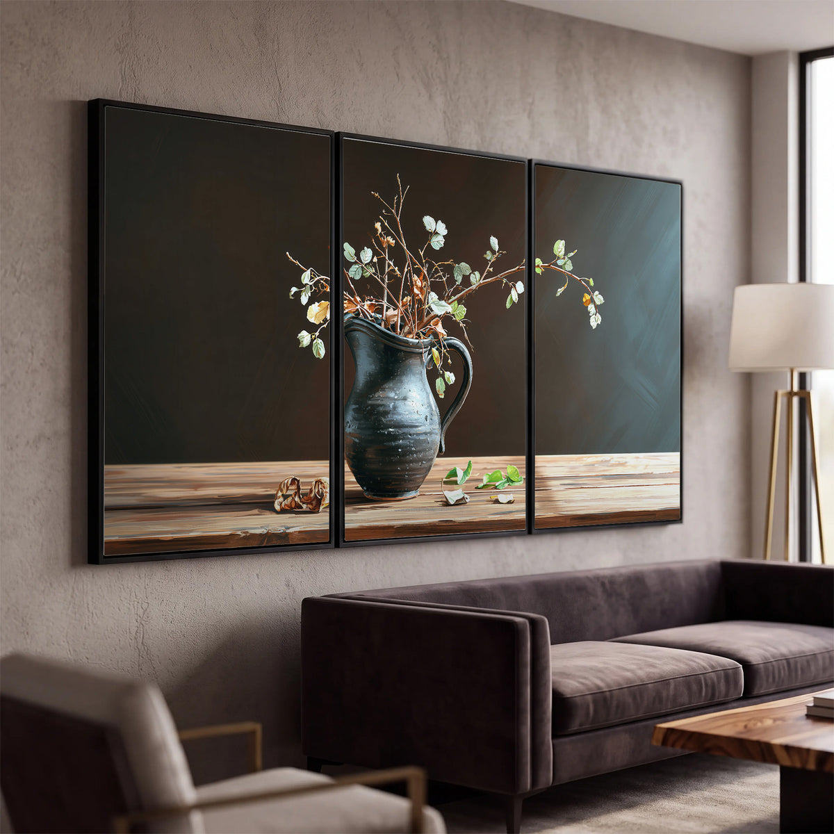 A delicate arrangement of pale blossoms in a blue vase on a sunlit wooden table 3 piece framed canvas wall art displayed in a modern living room