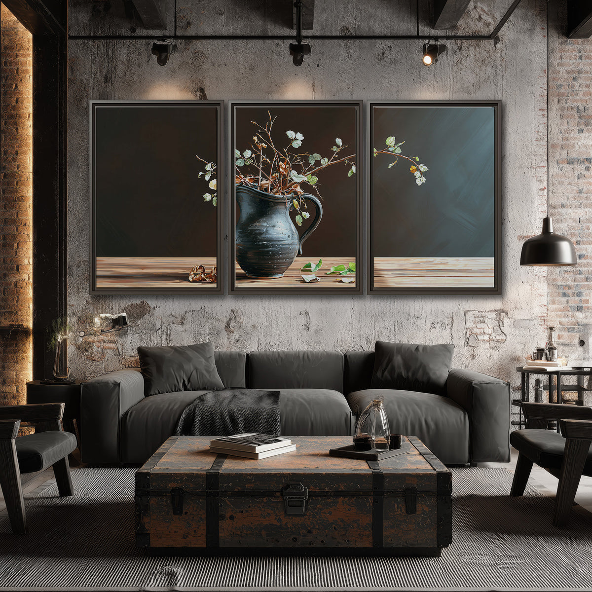 A delicate arrangement of pale blossoms in a blue vase on a sunlit wooden table 3 piece framed canvas wall art displayed in a industrial room
