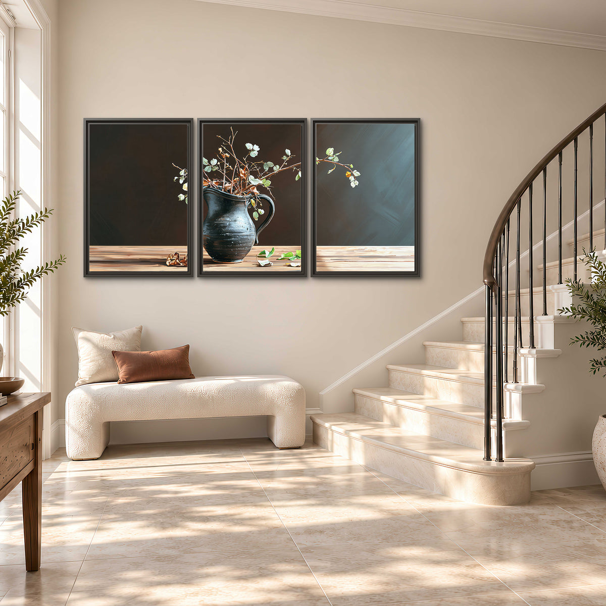 A delicate arrangement of pale blossoms in a blue vase on a sunlit wooden table 3 piece framed canvas wall art styled in an interior