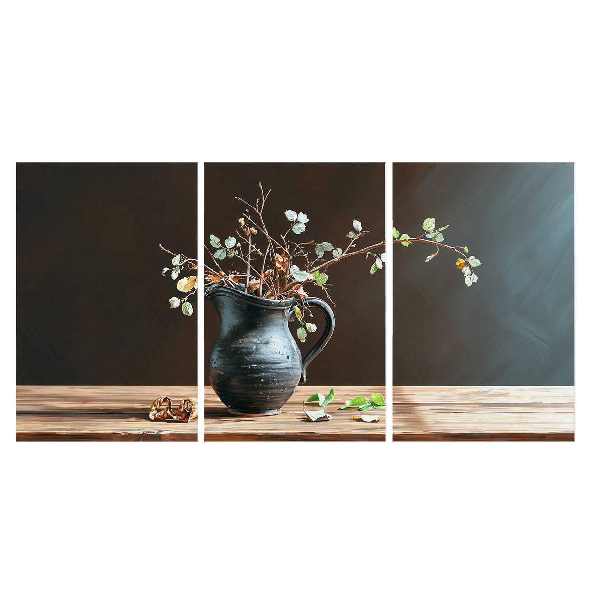 A delicate arrangement of pale blossoms in a blue vase on a sunlit wooden table set of 3 poster prints viewed straight on