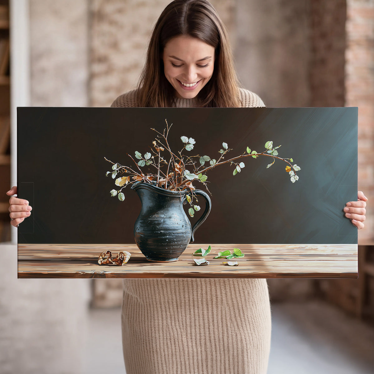 A delicate arrangement of pale blossoms in a blue vase on a sunlit wooden table single canvas wall art held in hands