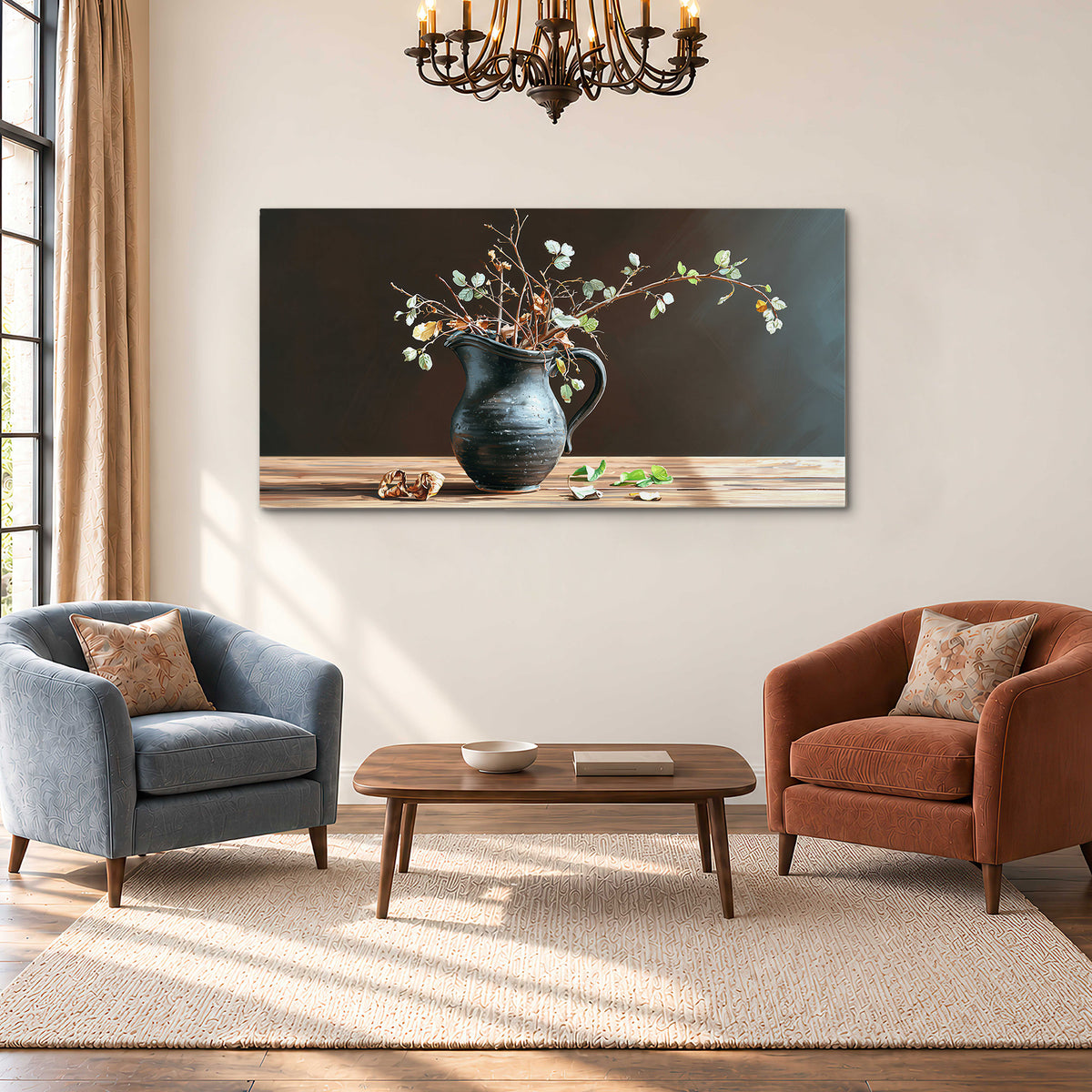 A delicate arrangement of pale blossoms in a blue vase on a sunlit wooden table single canvas wall art styled in an interior