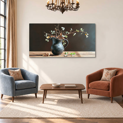 A delicate arrangement of pale blossoms in a blue vase on a sunlit wooden table single canvas wall art styled in an interior