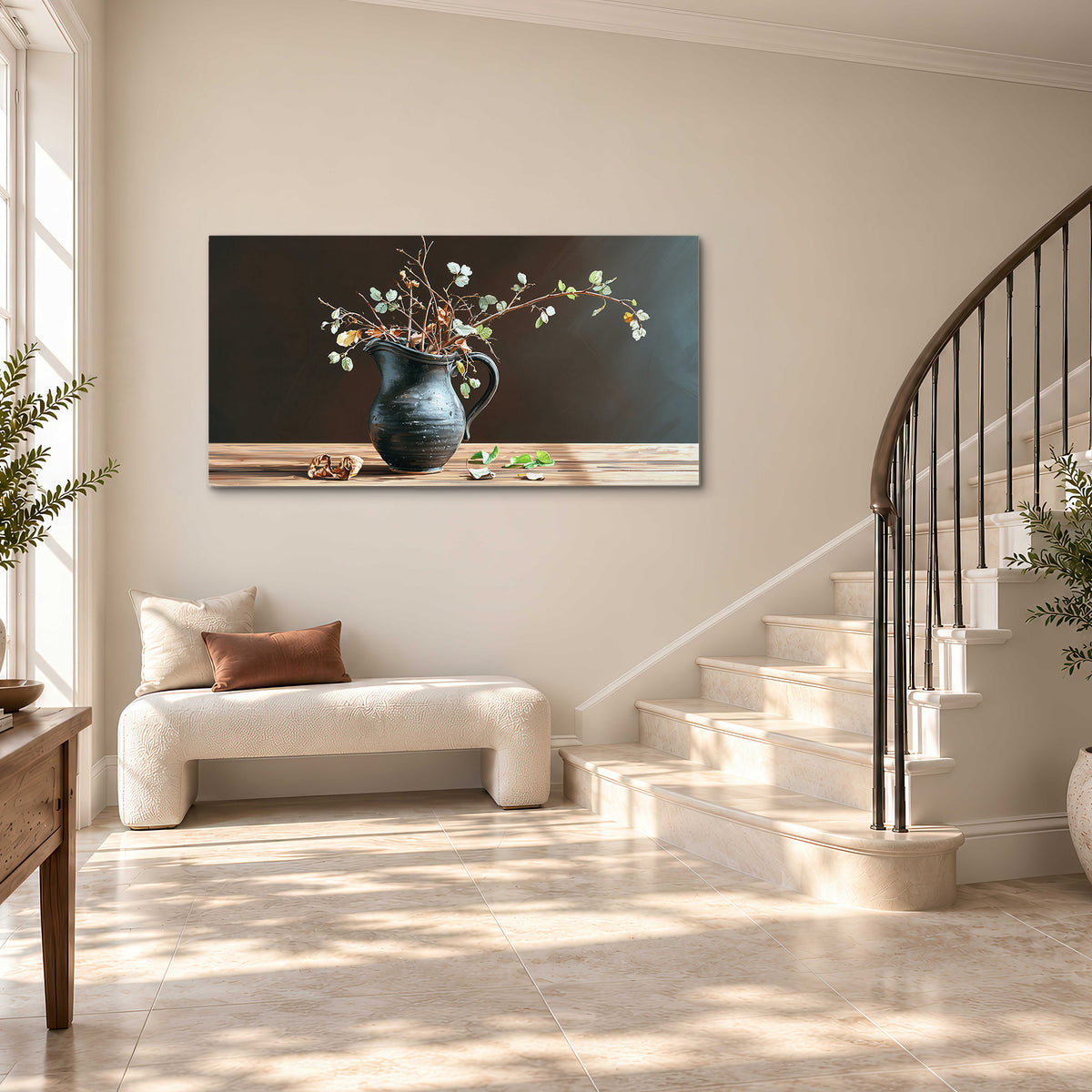 A delicate arrangement of pale blossoms in a blue vase on a sunlit wooden table single canvas wall art styled in an interior