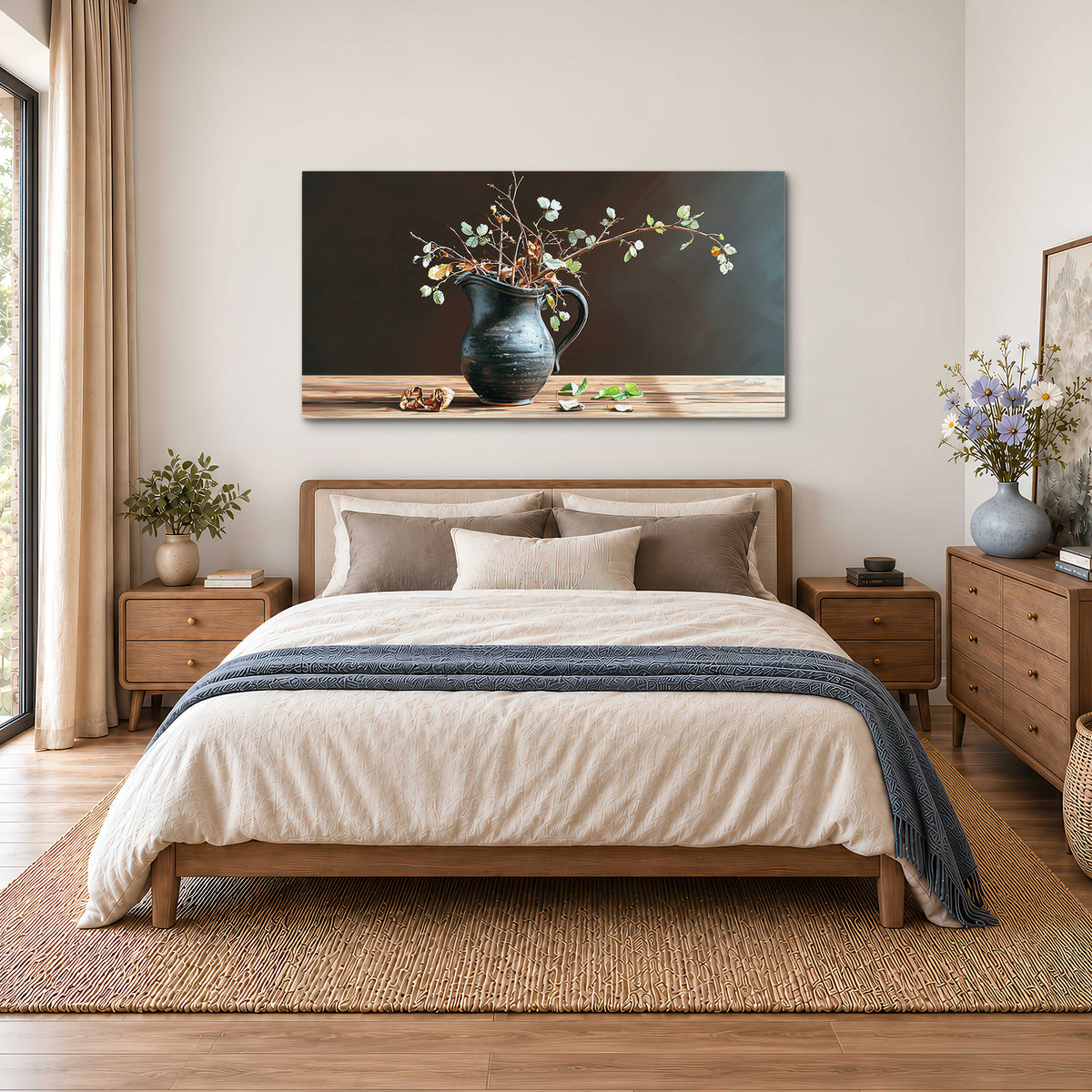 A delicate arrangement of pale blossoms in a blue vase on a sunlit wooden table single canvas wall art styled in an interior