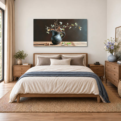 A delicate arrangement of pale blossoms in a blue vase on a sunlit wooden table single canvas wall art styled in an interior