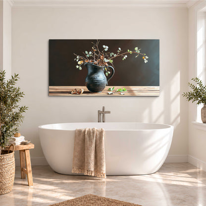 A delicate arrangement of pale blossoms in a blue vase on a sunlit wooden table single canvas wall art styled in an interior