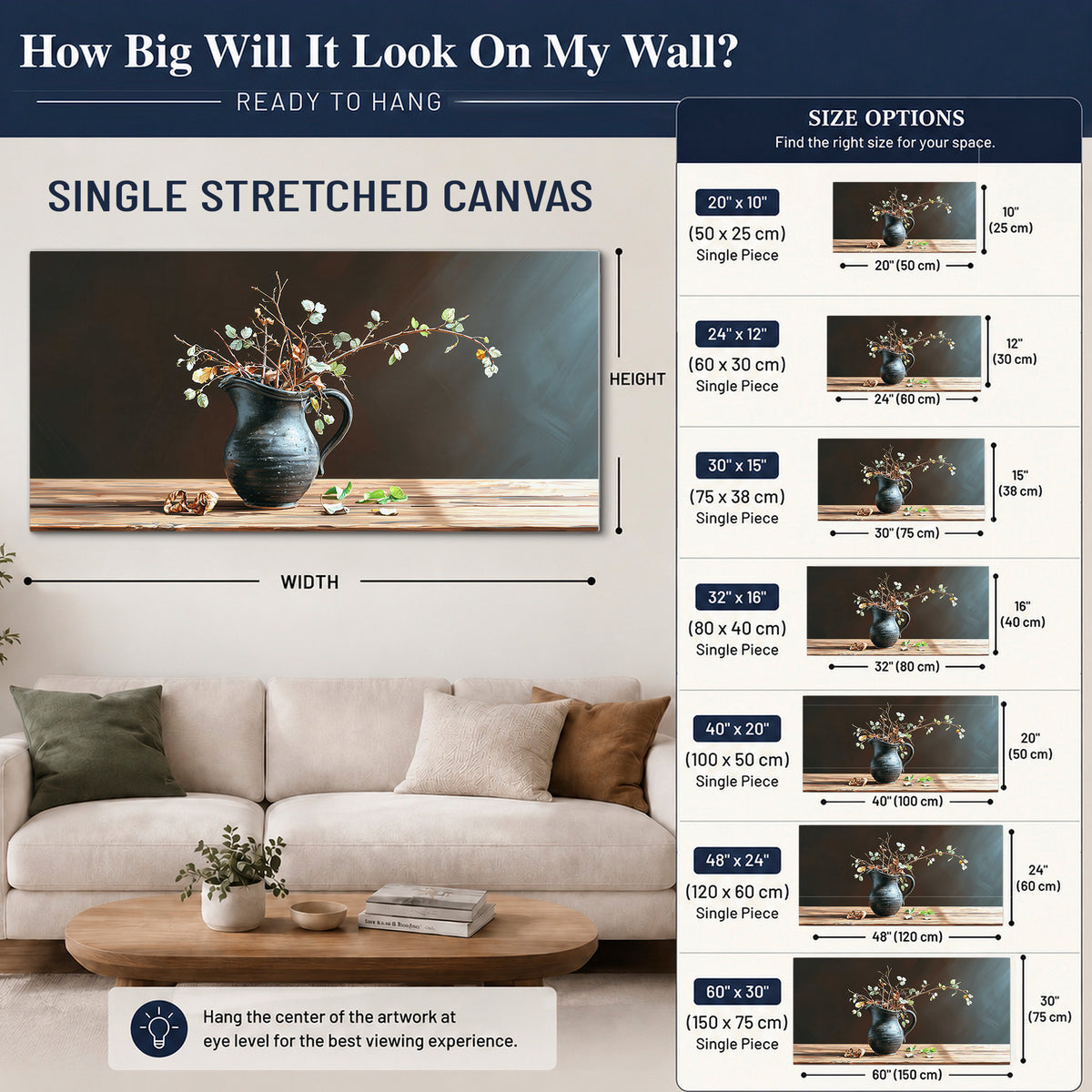 A delicate arrangement of pale blossoms in a blue vase on a sunlit wooden table single canvas wall art size guide above a sofa; room view is illustrative