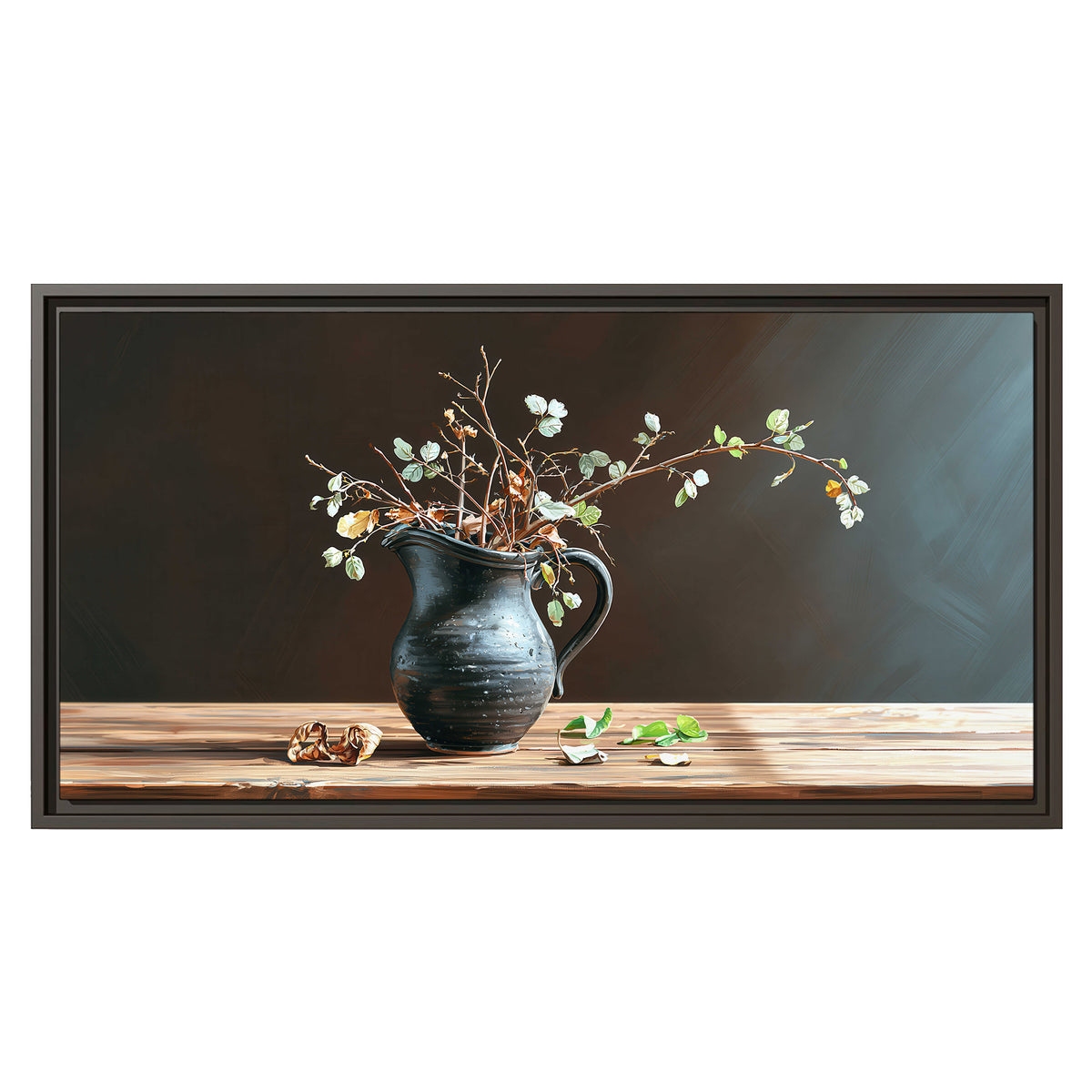 A delicate arrangement of pale blossoms in a blue vase on a sunlit wooden table single framed canvas wall art viewed straight on