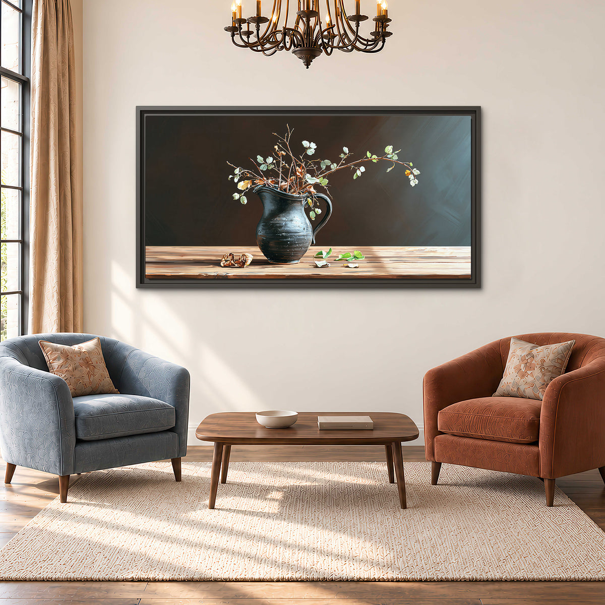 A delicate arrangement of pale blossoms in a blue vase on a sunlit wooden table single framed canvas wall art styled in an interior
