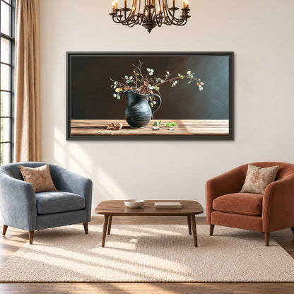 A delicate arrangement of pale blossoms in a blue vase on a sunlit wooden table single framed canvas wall art styled in an interior