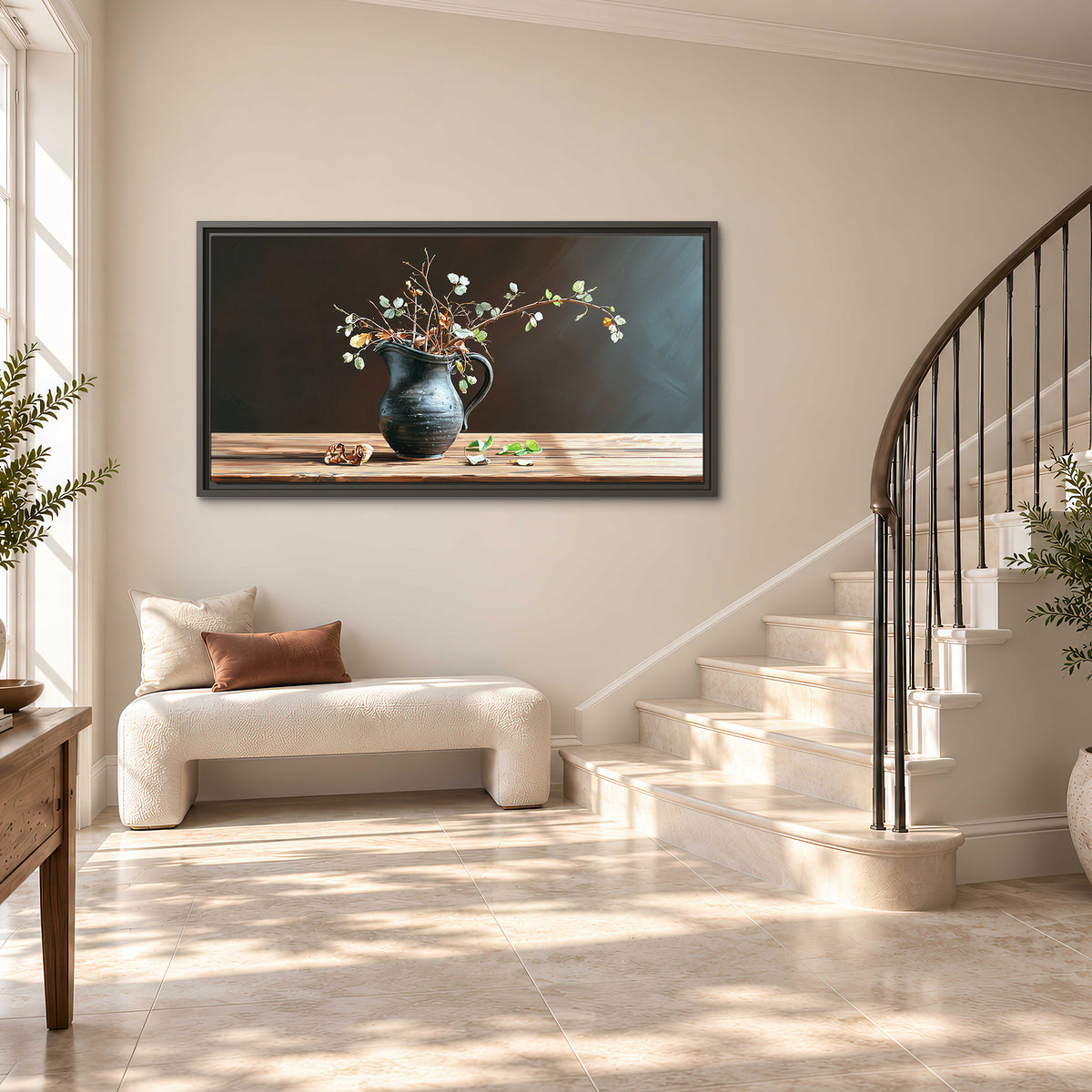 A delicate arrangement of pale blossoms in a blue vase on a sunlit wooden table single framed canvas wall art styled in an interior
